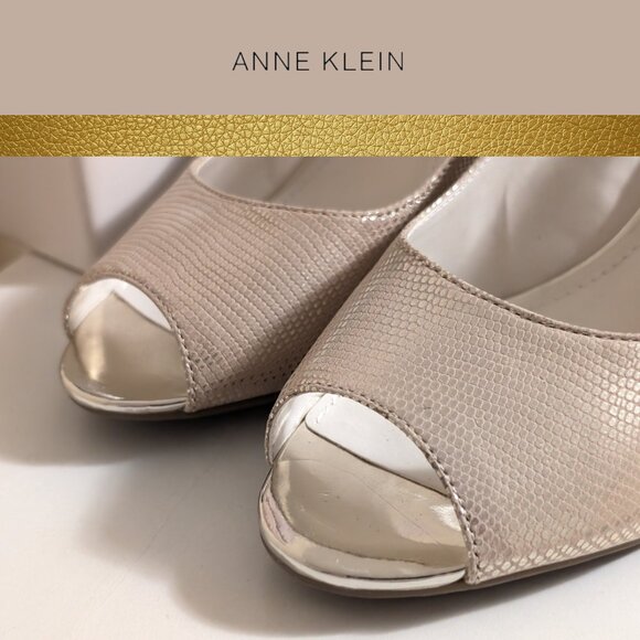 Anne Klein Slingback Open Toe Leather Chunky Heel Pale Gold, Sz 8.5 NWOT - Picture 2 of 13